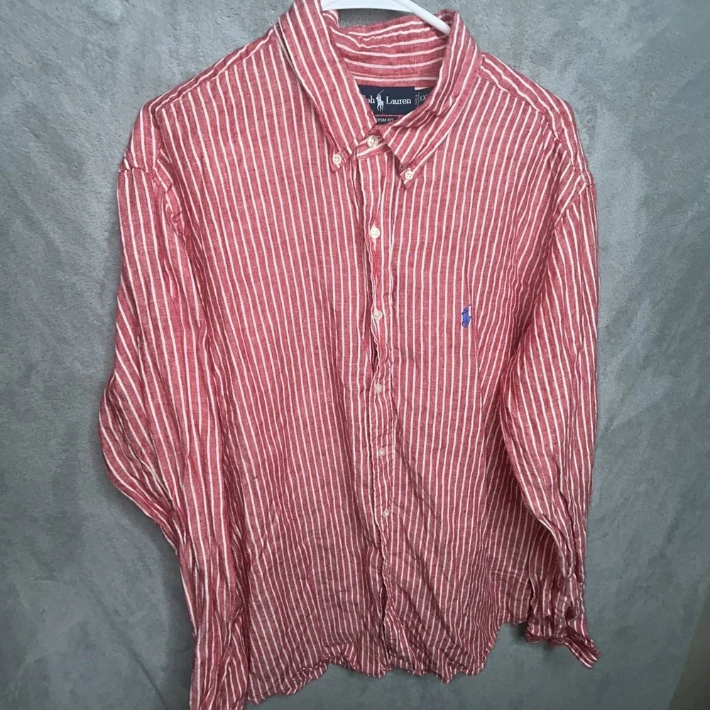 Polo Ralph Lauren Custom Fit 100%Linen Red Vertical Stripe Long Sleeve Shirt 2XL